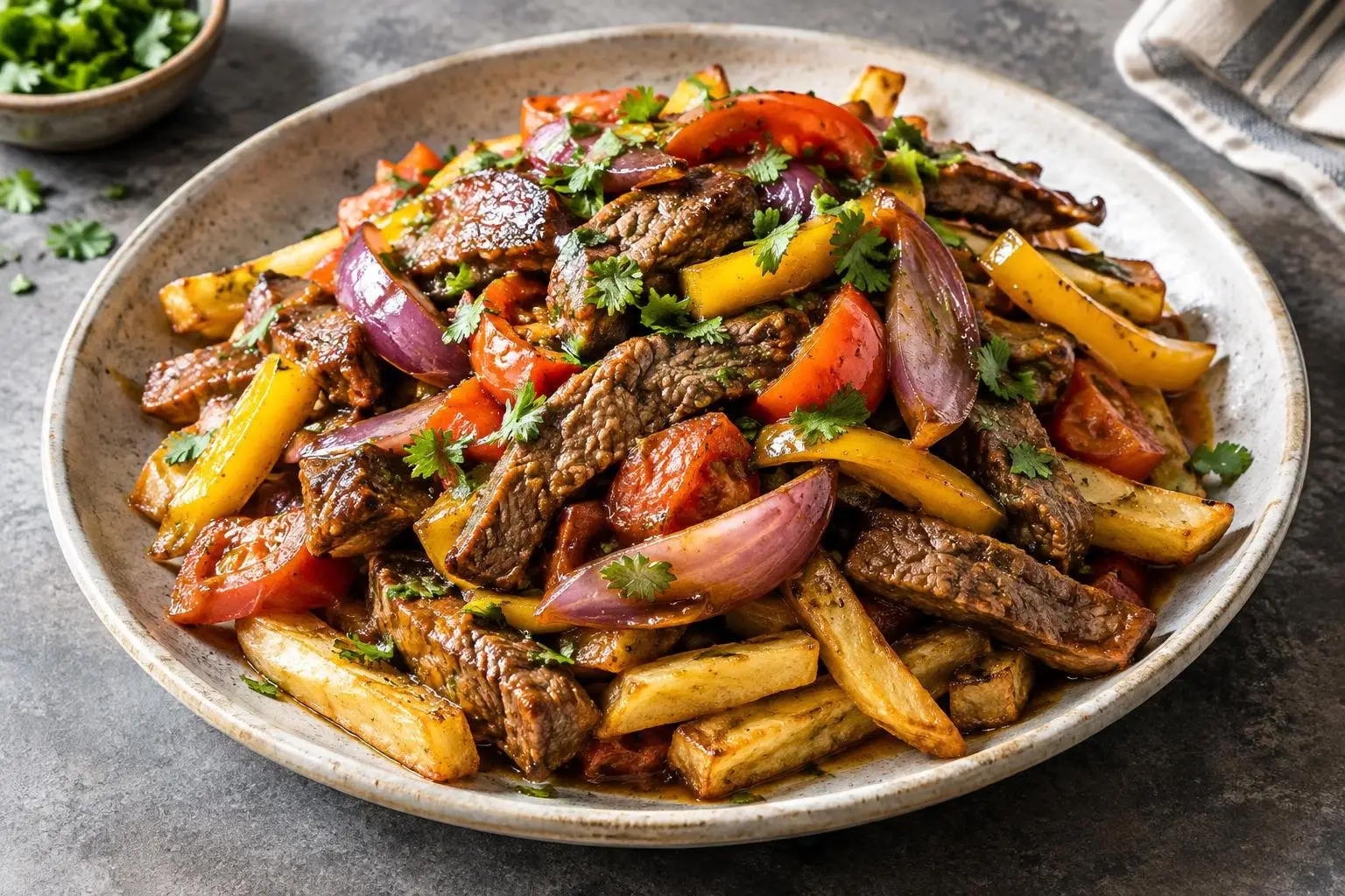 Peruvian-Style Lomo Saltado Skillet plated and ready to serve