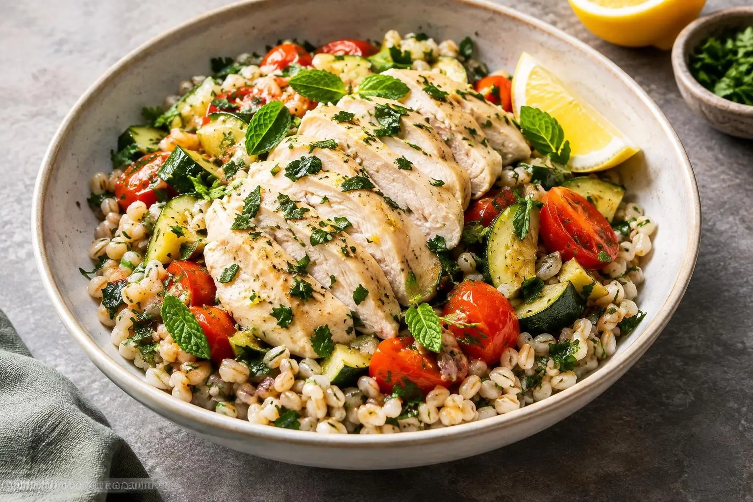 Lebanese-Inspired Barley and Herb Grain Bowl with Poached Lemon Chicken plated and ready to serve