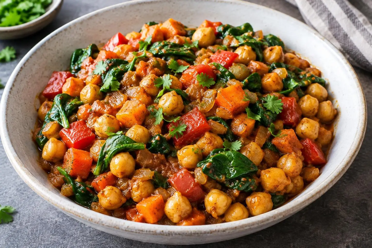 Ethiopian-Inspired Spiced Chickpea Skillet Supper plated and ready to serve