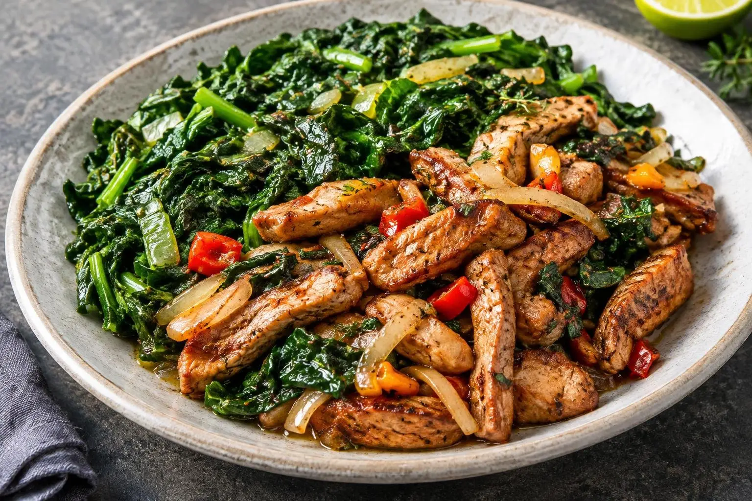 Caribbean-Style Steamed Callaloo with Spiced Pork plated and ready to serve