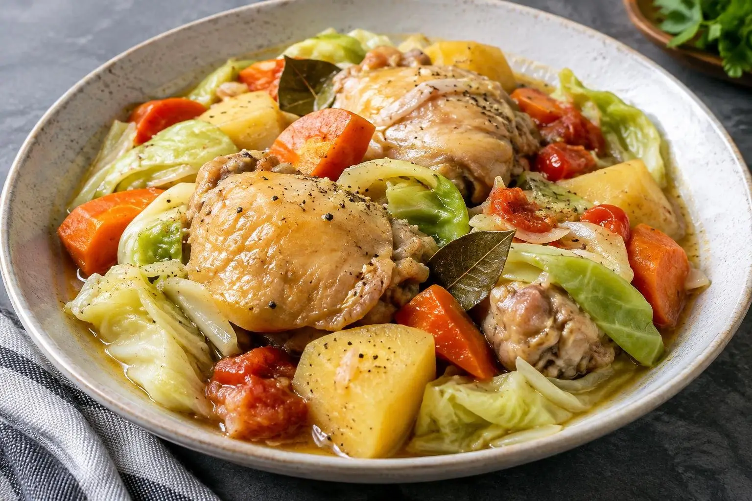 Steamed Filipino Chicken Pochero with Winter Vegetables plated and ready to serve