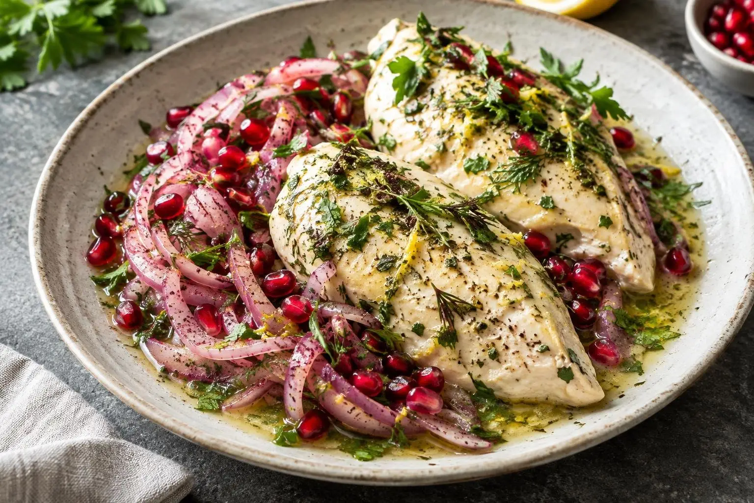 Poached Lemon Herb Chicken with Sumac Onions and Pomegranate plated and ready to serve