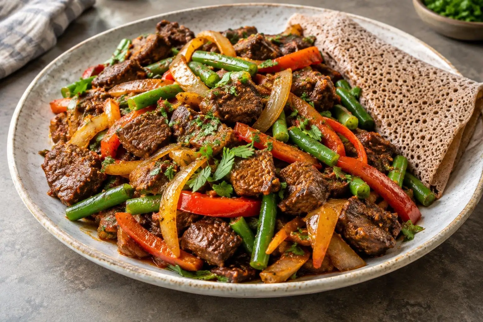 Ethiopian-Inspired Stir-Fried Beef Tibs with Seasonal Vegetables plated and ready to serve