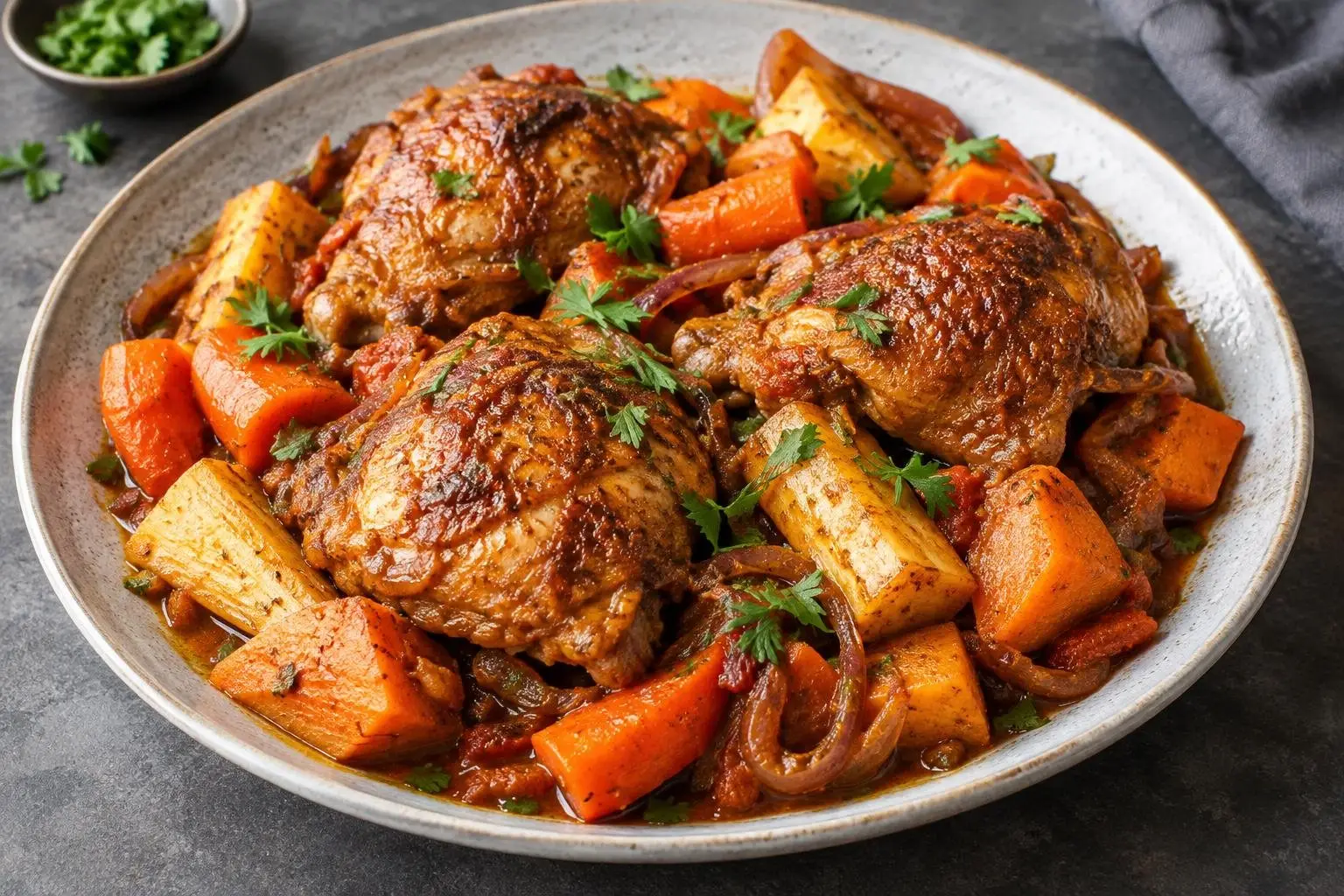 Pressure-Cooked Doro Wat with Seasonal Root Vegetables plated and ready to serve