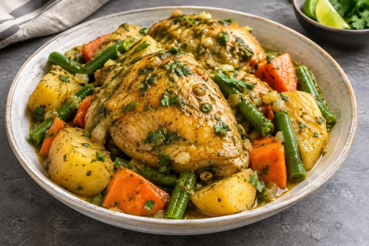 Traditional Peruvian Seco de Pollo (Chicken Stew) with Seasonal Vegetables plated and ready to serve