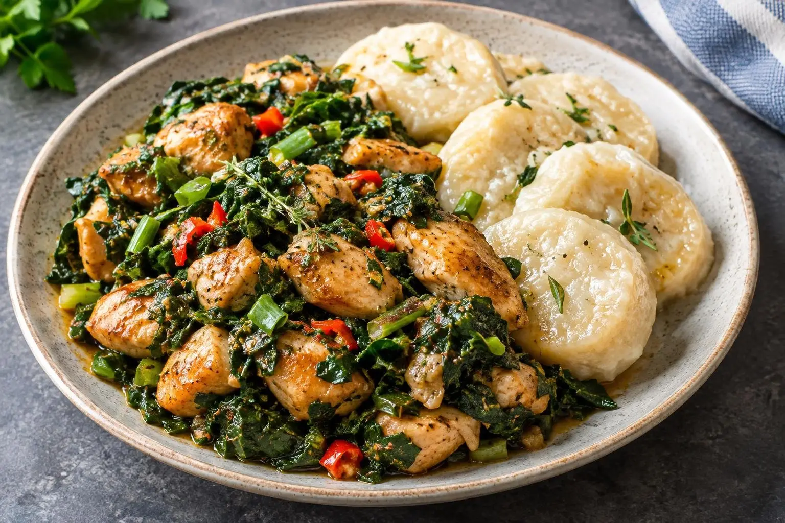 Caribbean-Style Stir-Fried Chicken with Callaloo and Dumplings plated and ready to serve