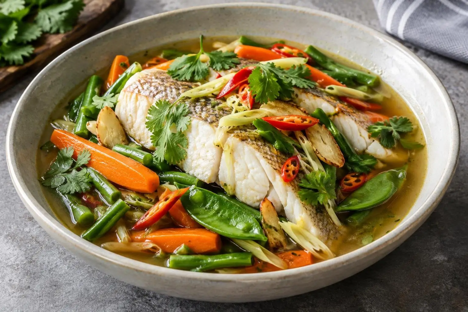 Indonesian Steamed Fish with Tamarind and Seasonal Vegetables plated and ready to serve