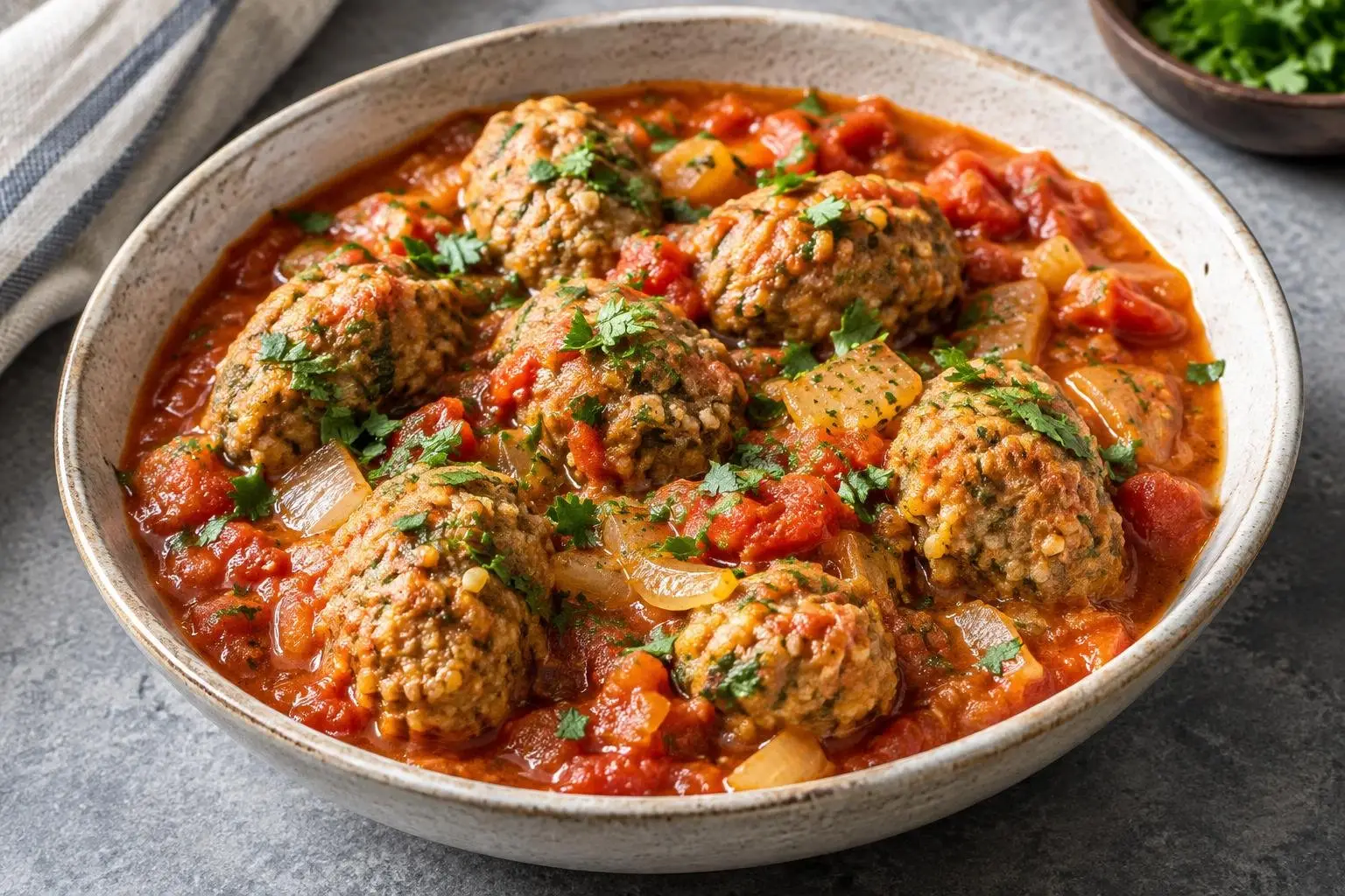 Lebanese Chicken and Bulgur Kofta Stew plated and ready to serve