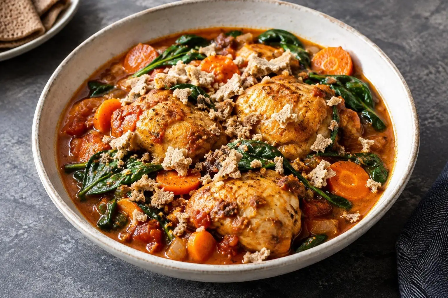 Ethiopian-Inspired Poached Chicken Stew with Berbere and Injera Crumble plated and ready to serve
