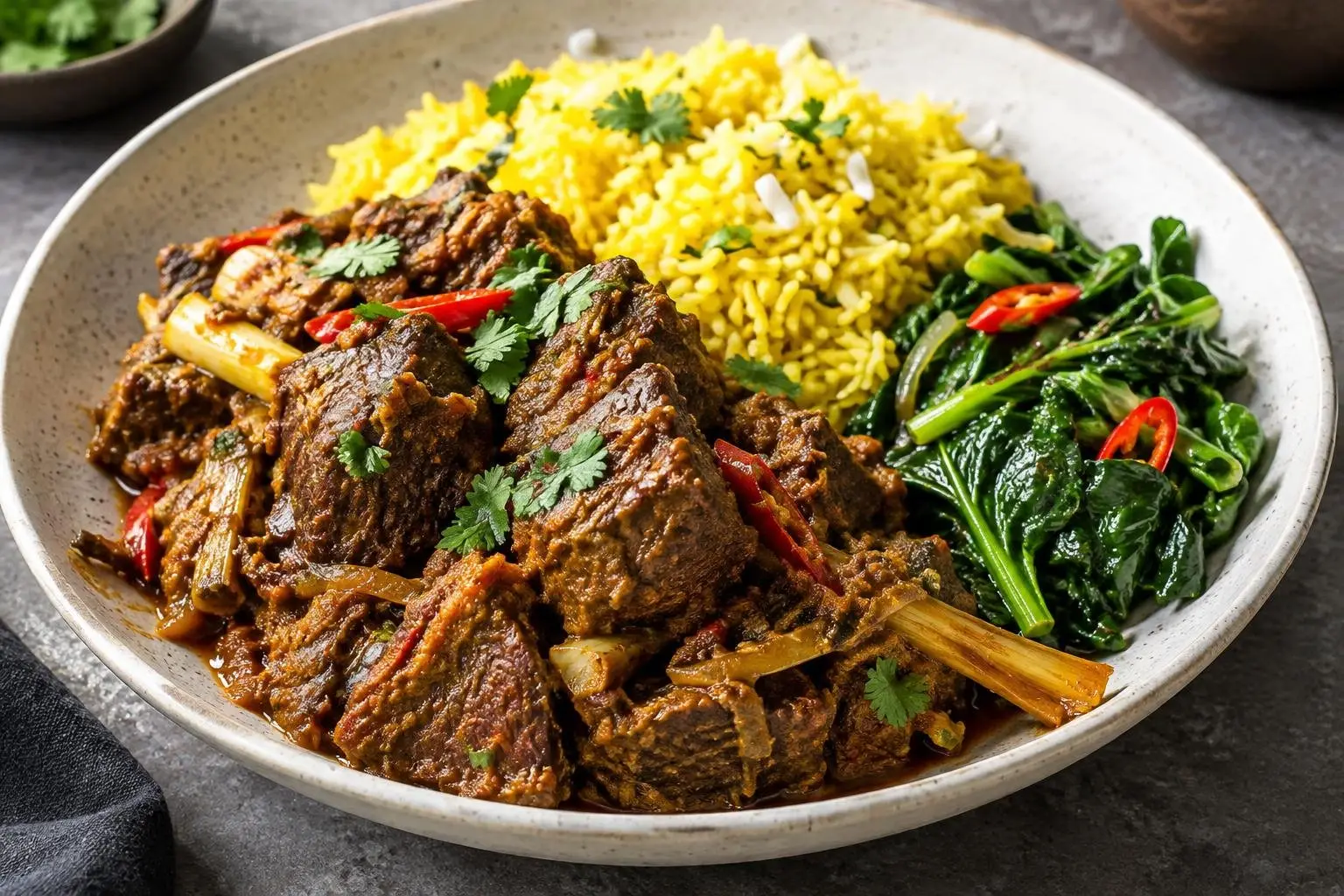 Braised Indonesian Beef Rendang with Coconut and Turmeric Rice plated and ready to serve