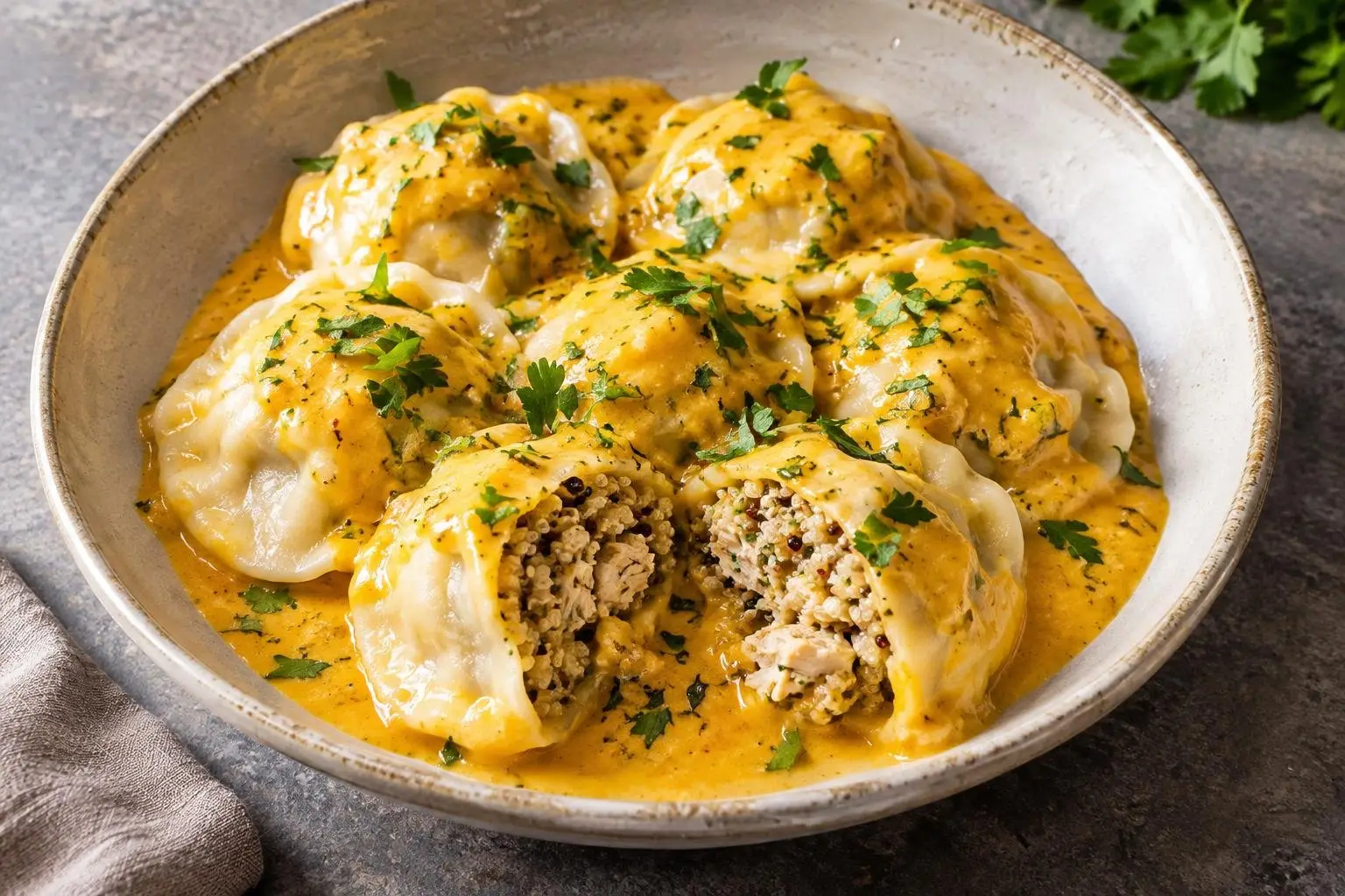 Peruvian Chicken and Quinoa Dumplings with Aji Amarillo Sauce plated and ready to serve
