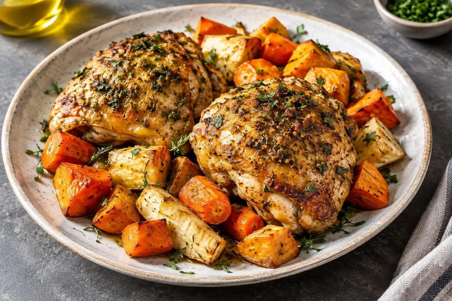 Roasted Autumn Vegetable and Herb-Crusted Chicken Thighs plated and ready to serve
