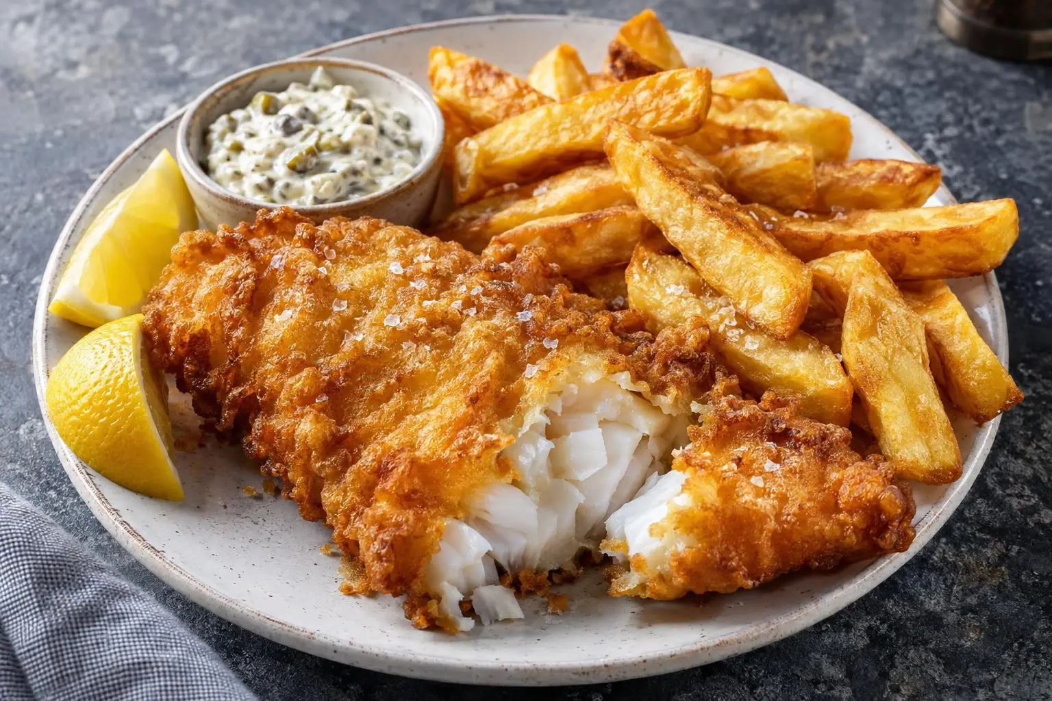 Fish and chips plated and ready to serve
