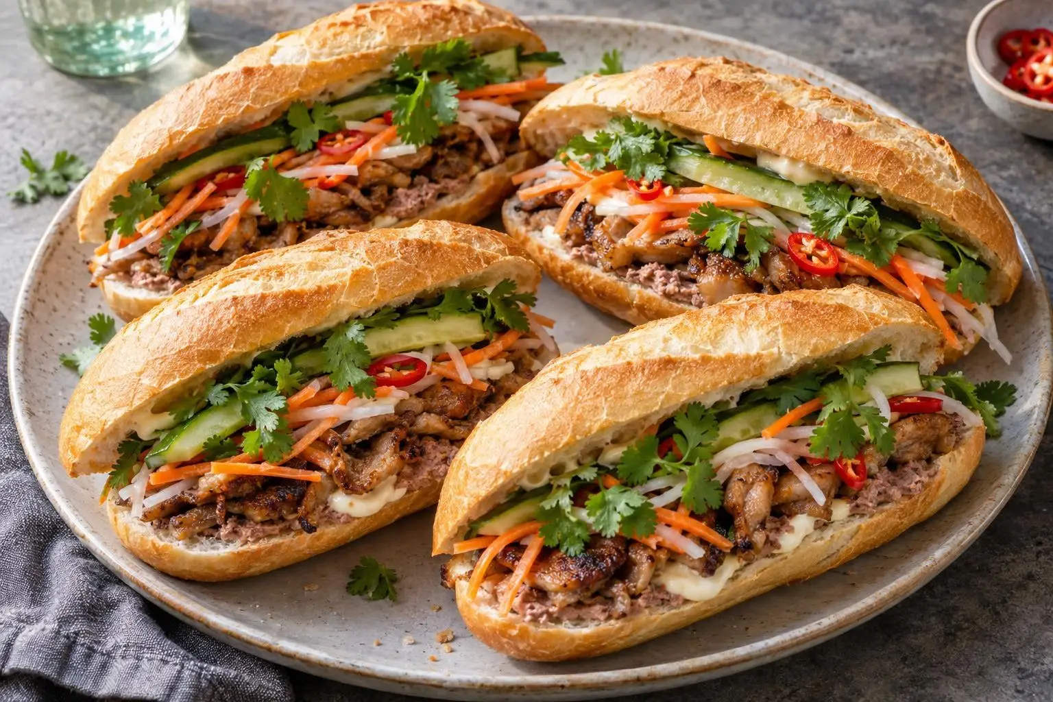 Bánh mì with lemongrass pork plated and ready to serve