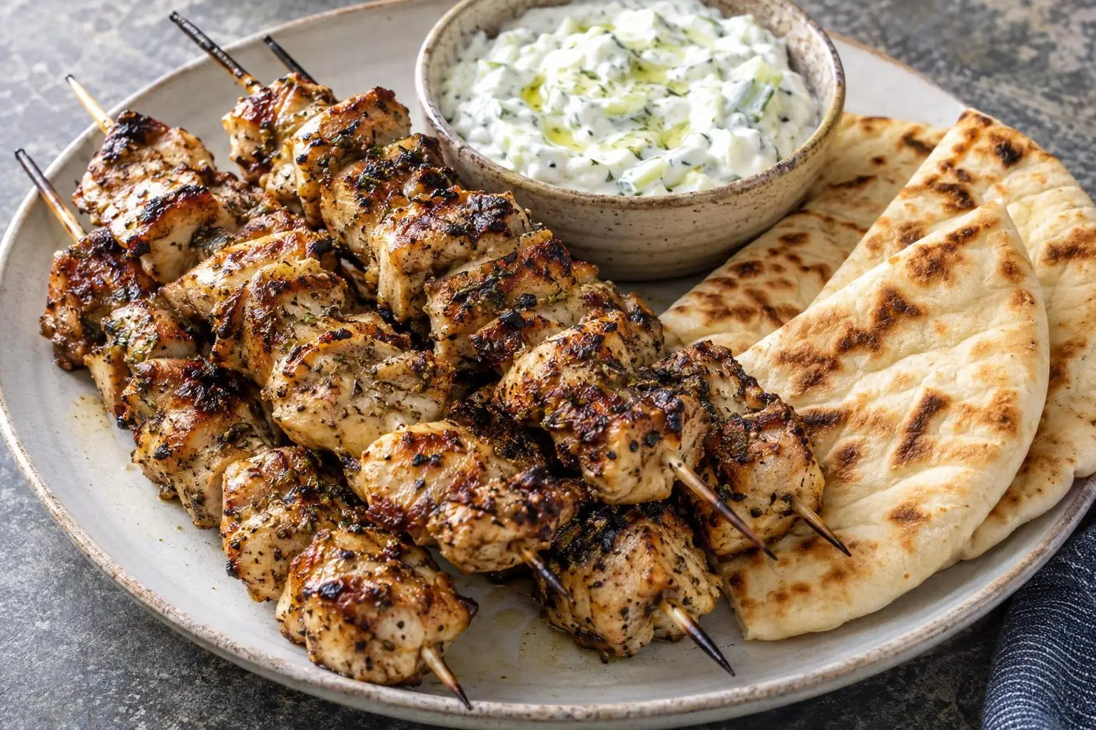 Chicken souvlaki with tzatziki plated and ready to serve