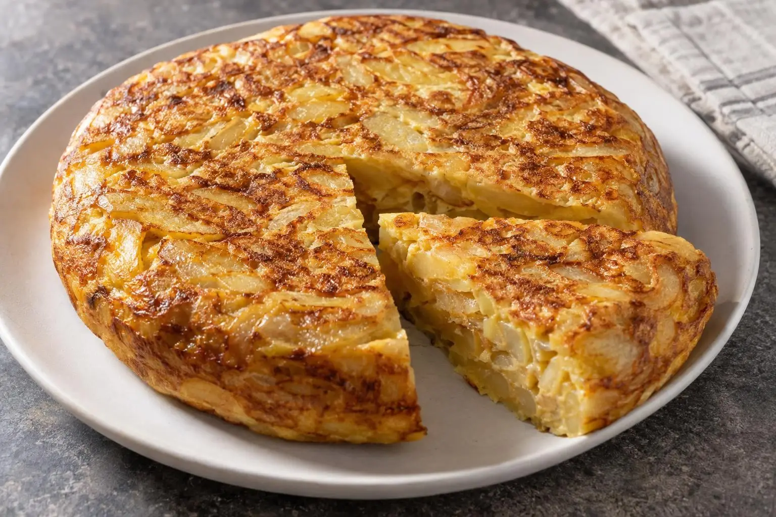 Tortilla española with onion plated and ready to serve