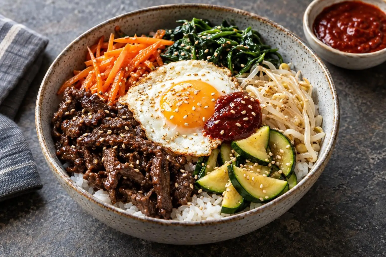 Bibimbap with Gochujang Sauce plated and ready to serve