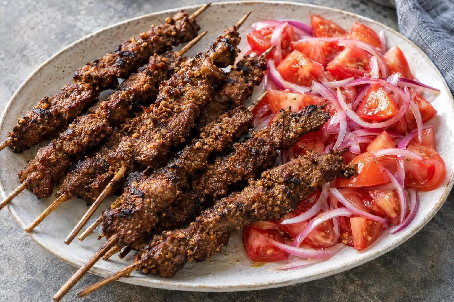 Suya beef skewers with tomato salad plated and ready to serve