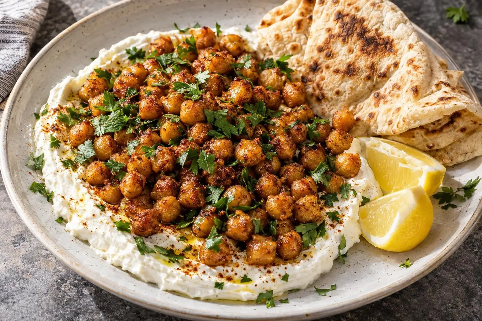 Crispy spiced chickpeas with whipped feta and flatbreads plated and ready to serve