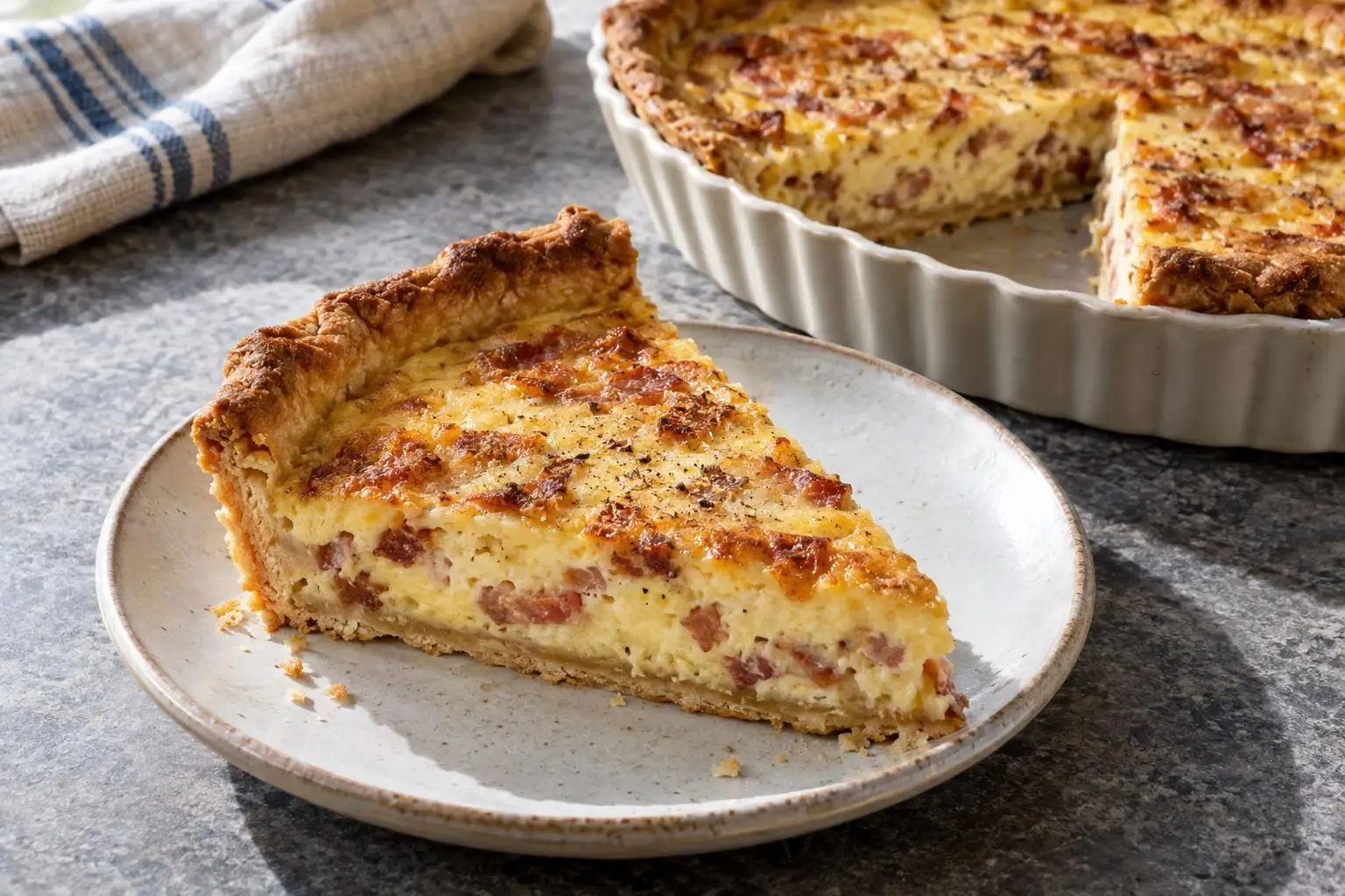 Quiche Lorraine with a Crisp Pastry Crust plated and ready to serve