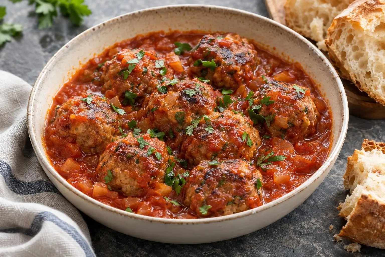 Pan-browned Albóndigas in Tomato Sauce plated and ready to serve