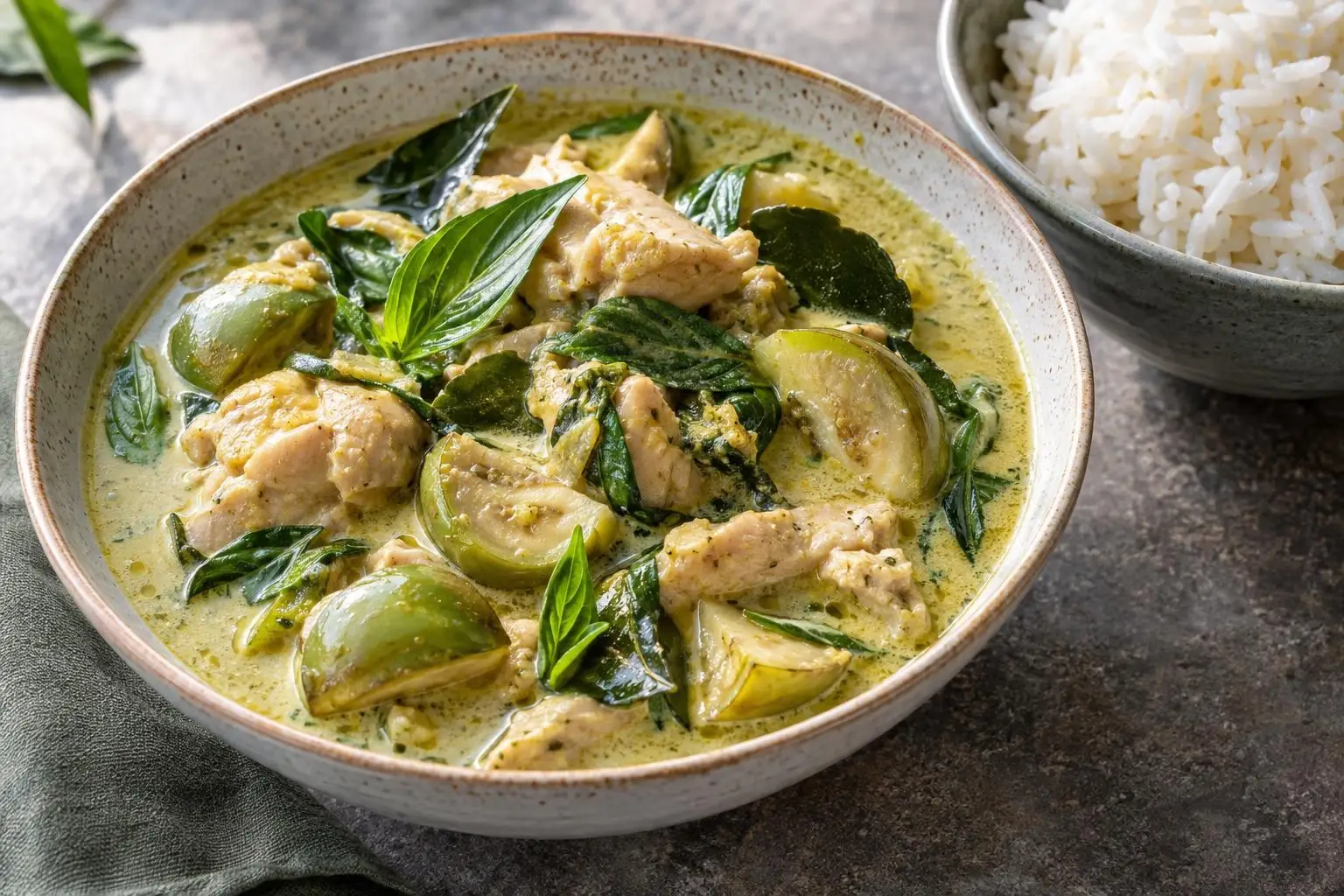 Thai green curry with chicken plated and ready to serve