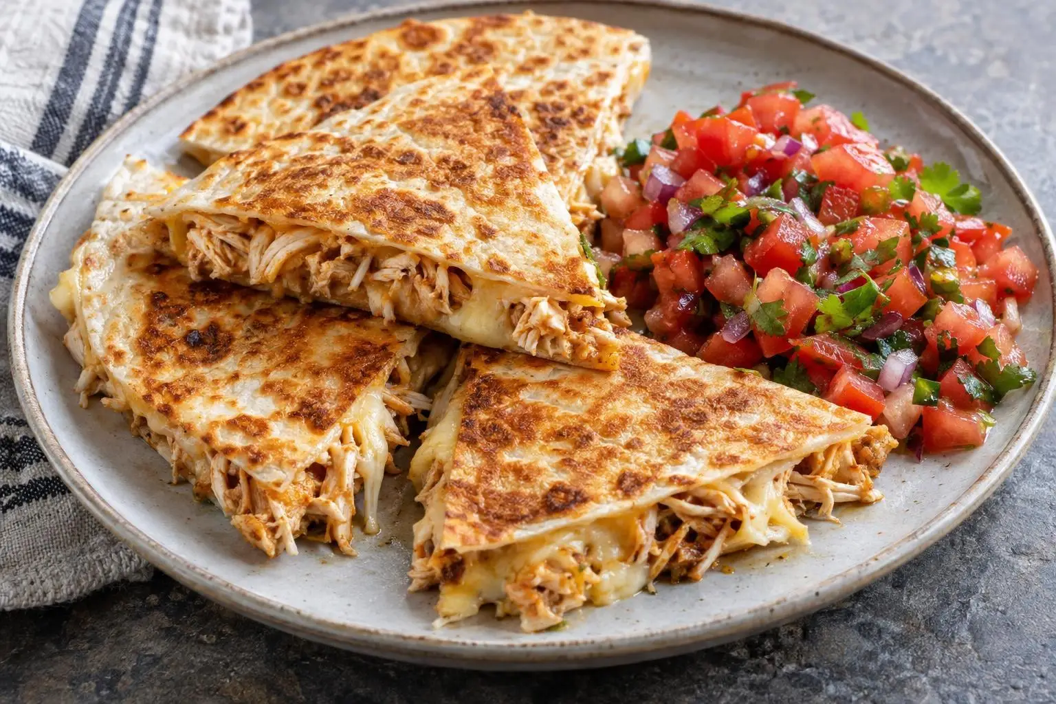Chicken quesadillas with fresh tomato salsa plated and ready to serve