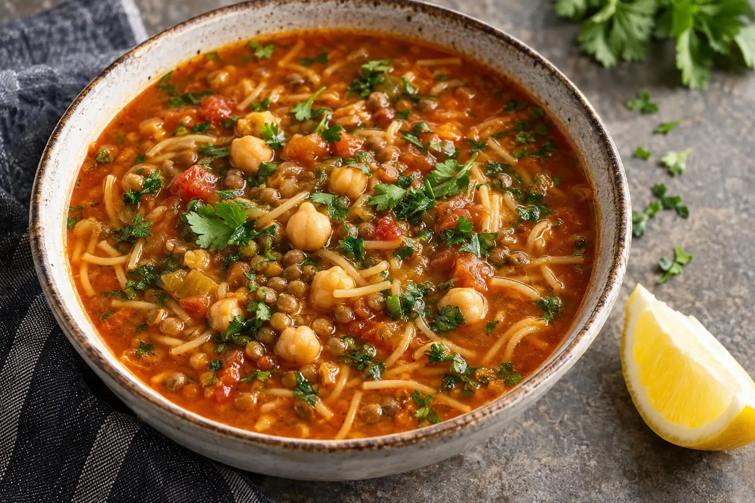 Harira with Chickpeas and Lentils plated and ready to serve