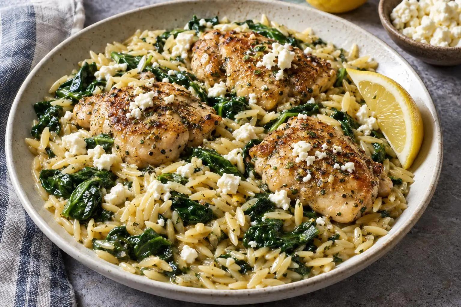 Lemon chicken orzo with spinach and feta plated and ready to serve