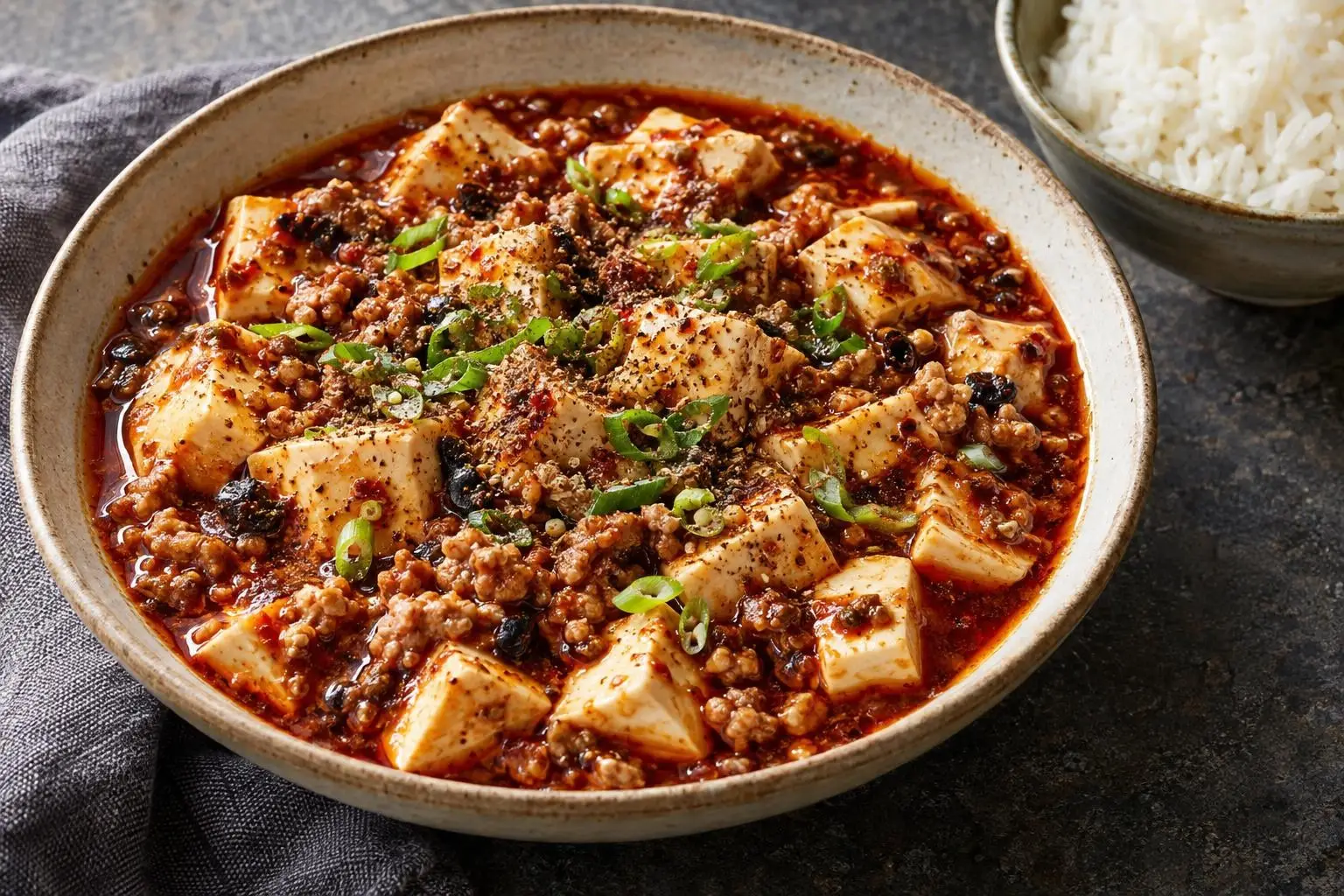 Mapo tofu with Sichuan pepper plated and ready to serve