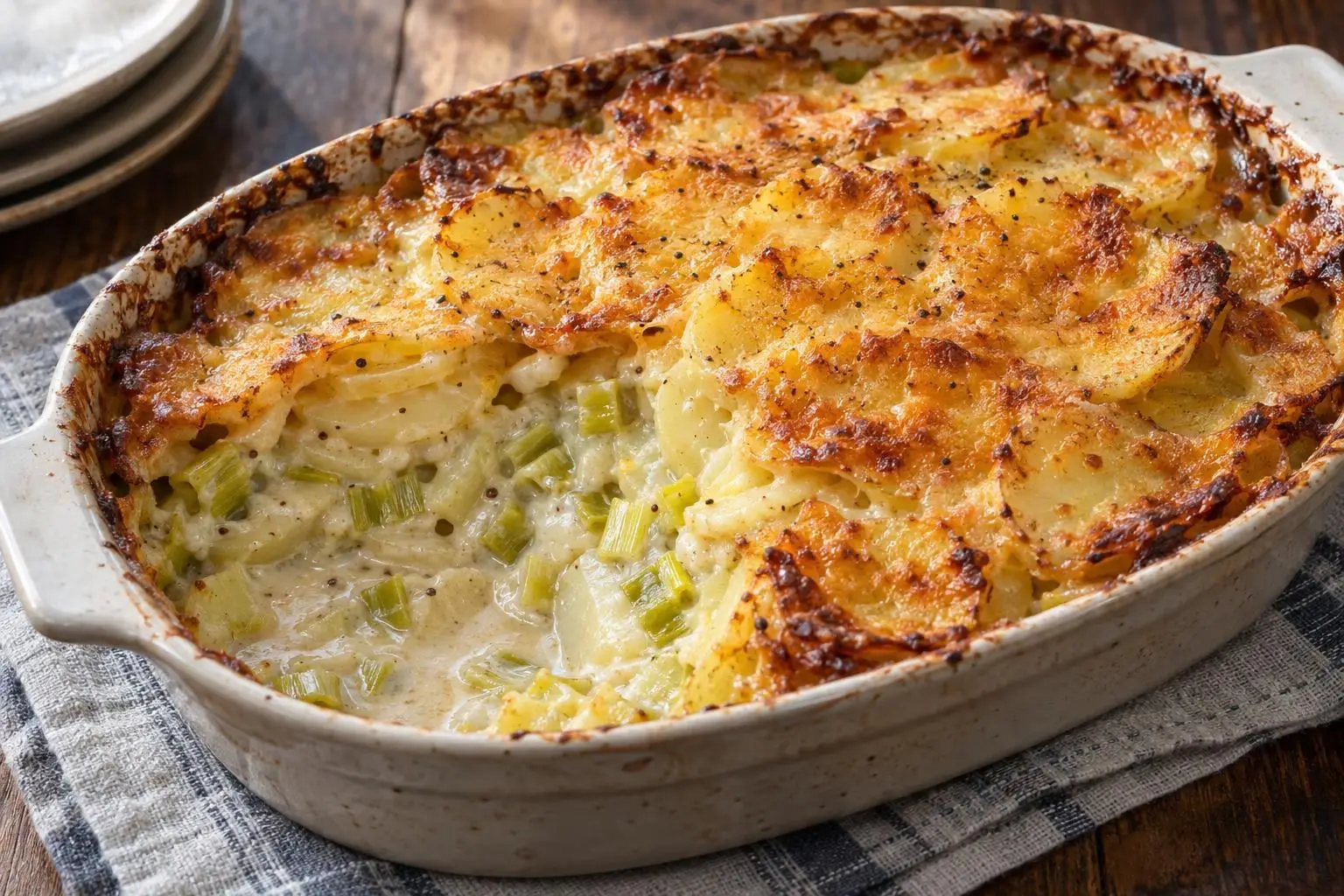 Cheddar and leek potato pie plated and ready to serve