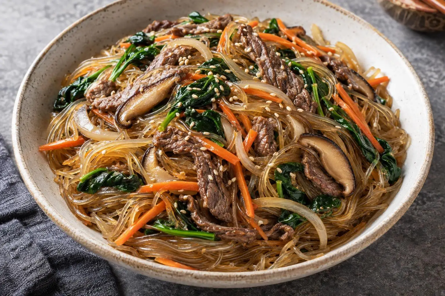 Japchae with Beef and Shiitake Mushrooms plated and ready to serve