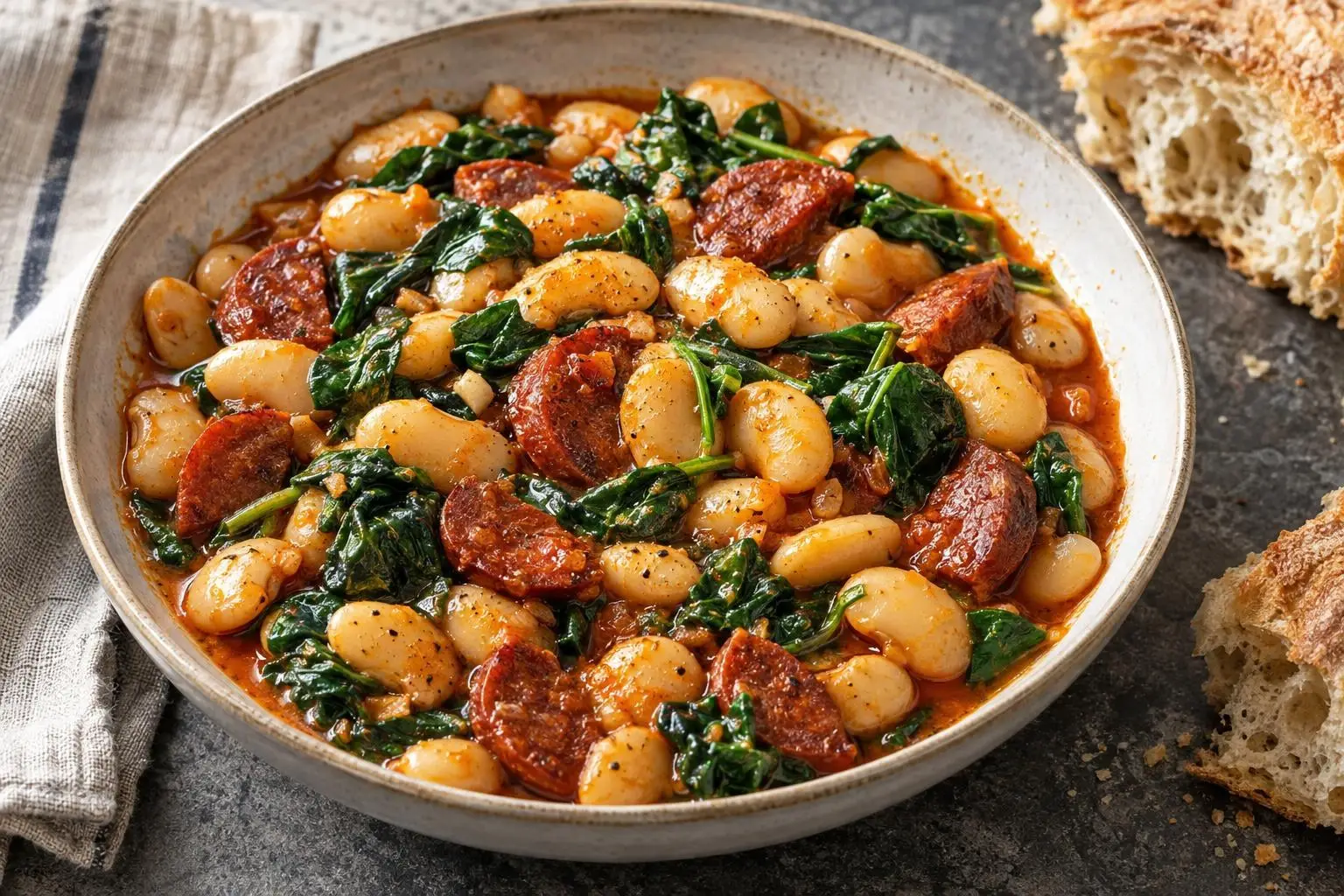 Smoky butter beans with chorizo and spinach plated and ready to serve