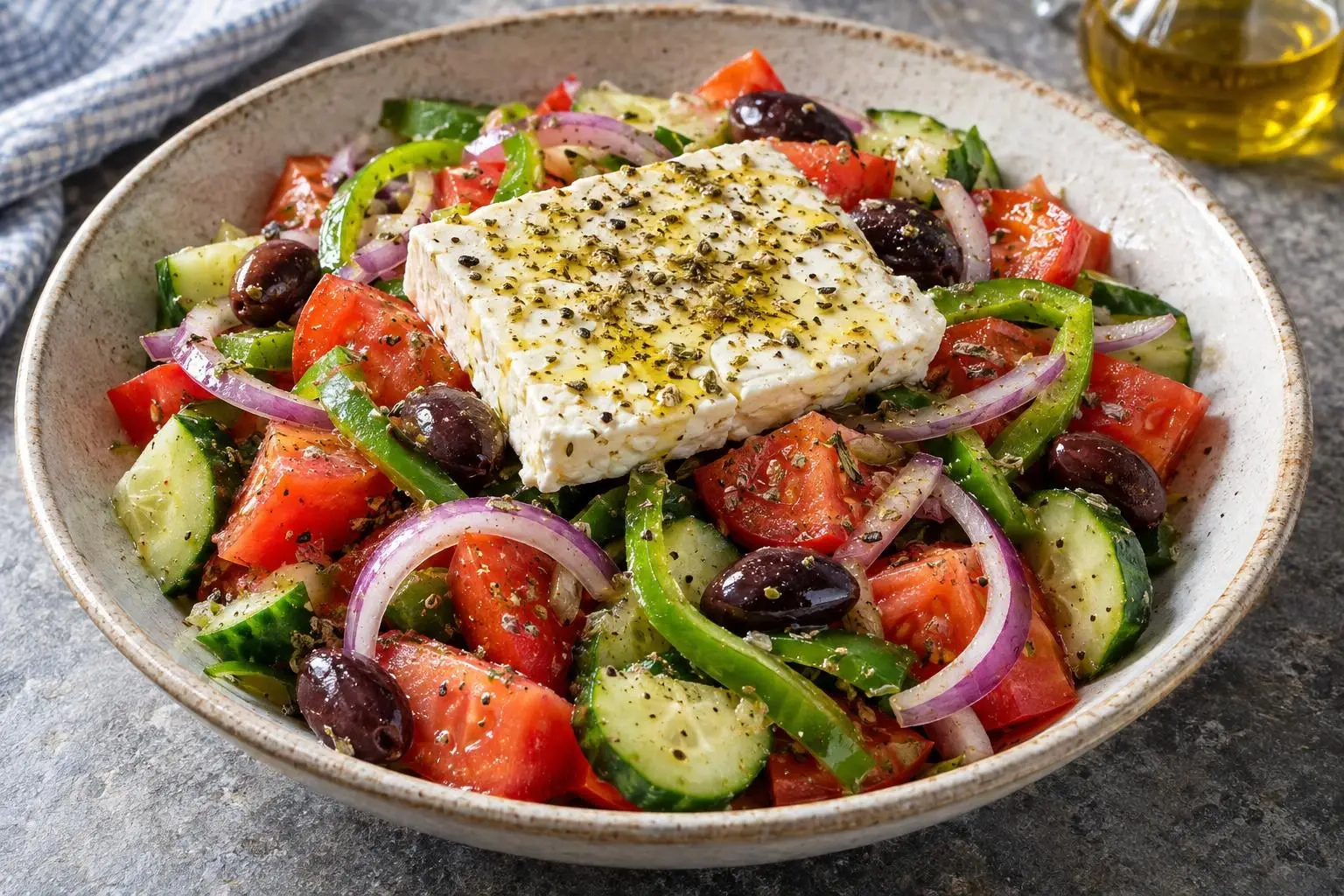 Greek salad with feta and oregano plated and ready to serve