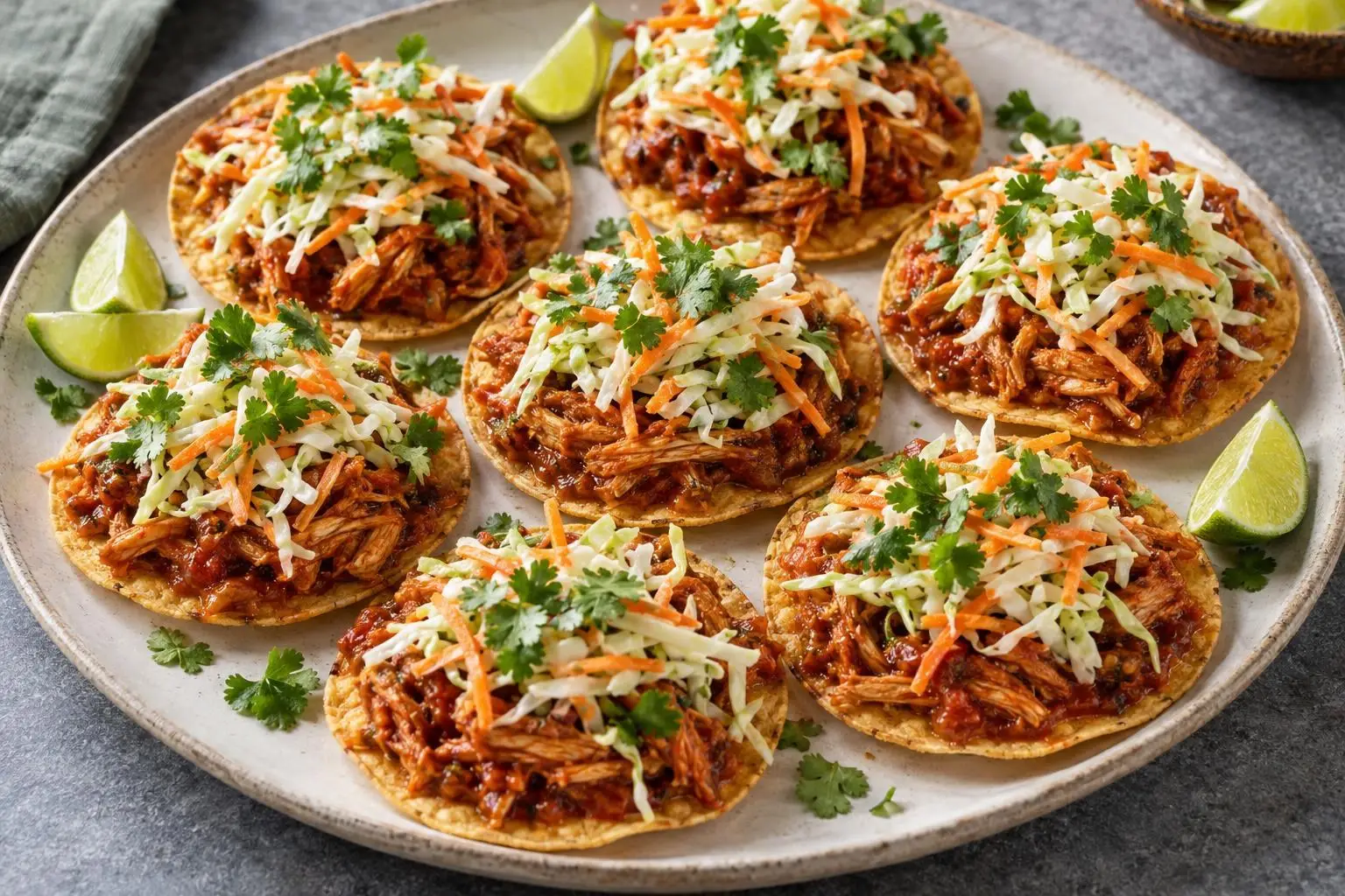 Chipotle chicken tostadas with lime slaw plated and ready to serve