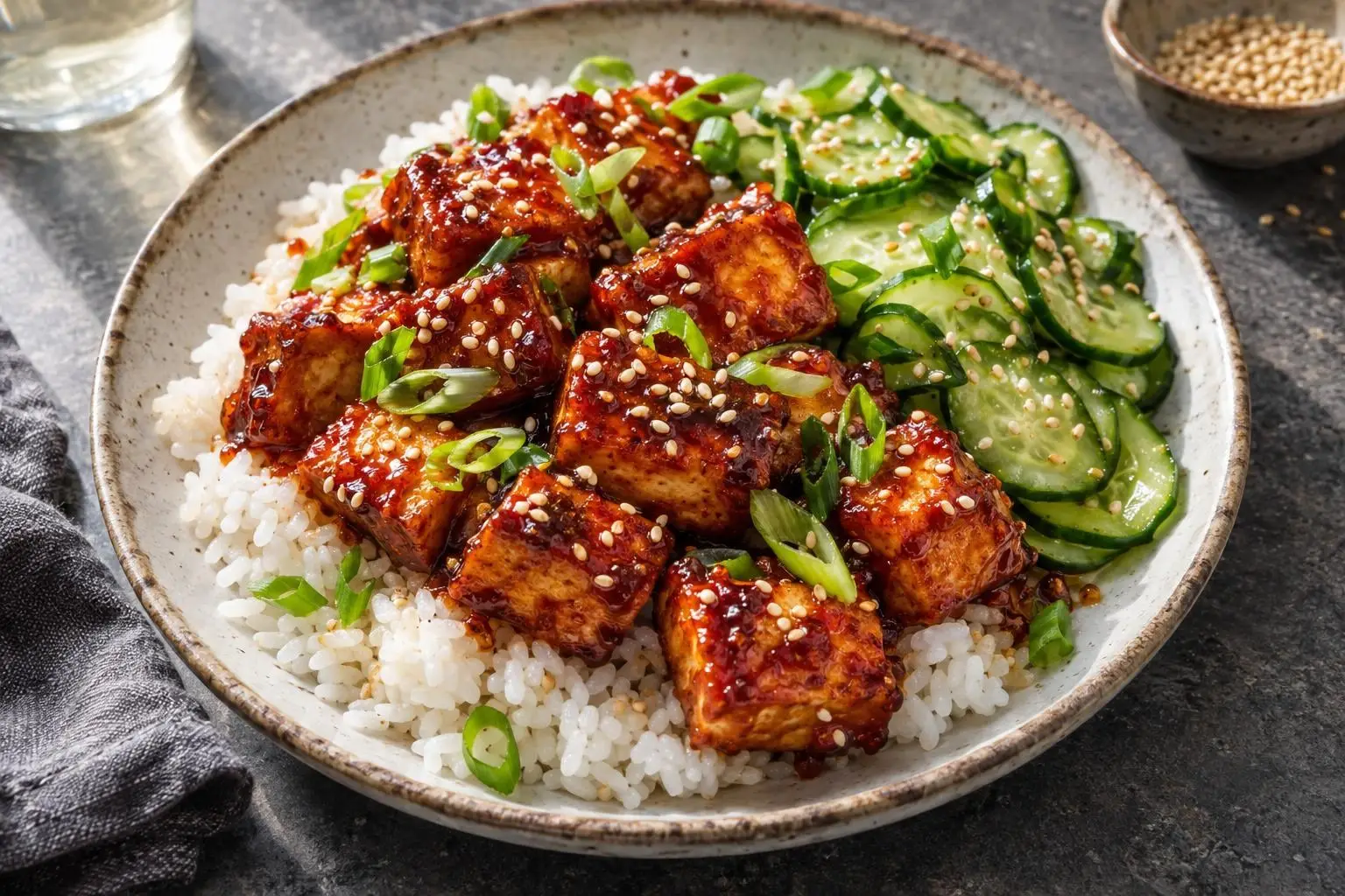 Gochujang glazed tofu with sesame cucumber plated and ready to serve