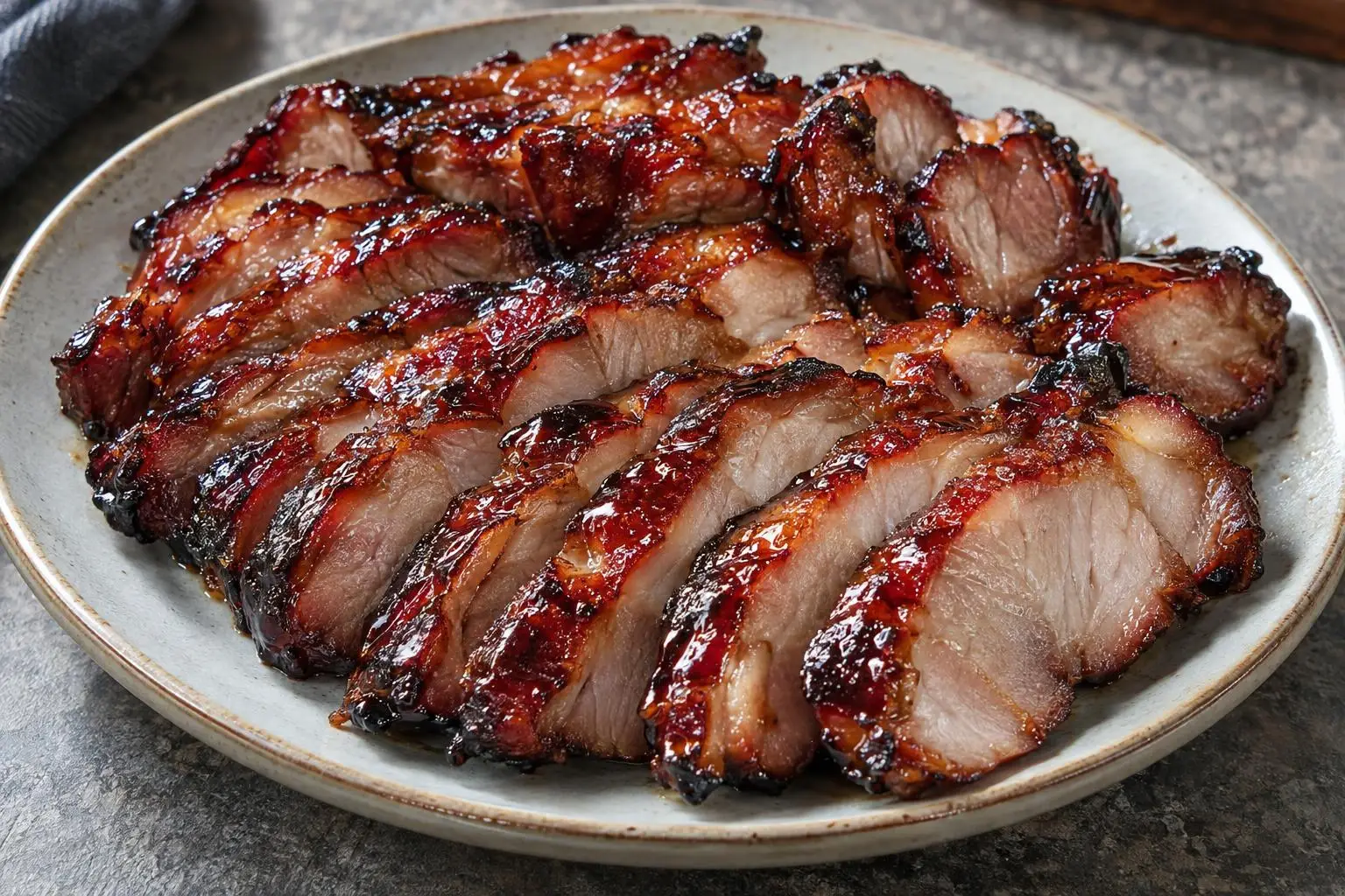 Char siu pork with a sticky honey glaze plated and ready to serve