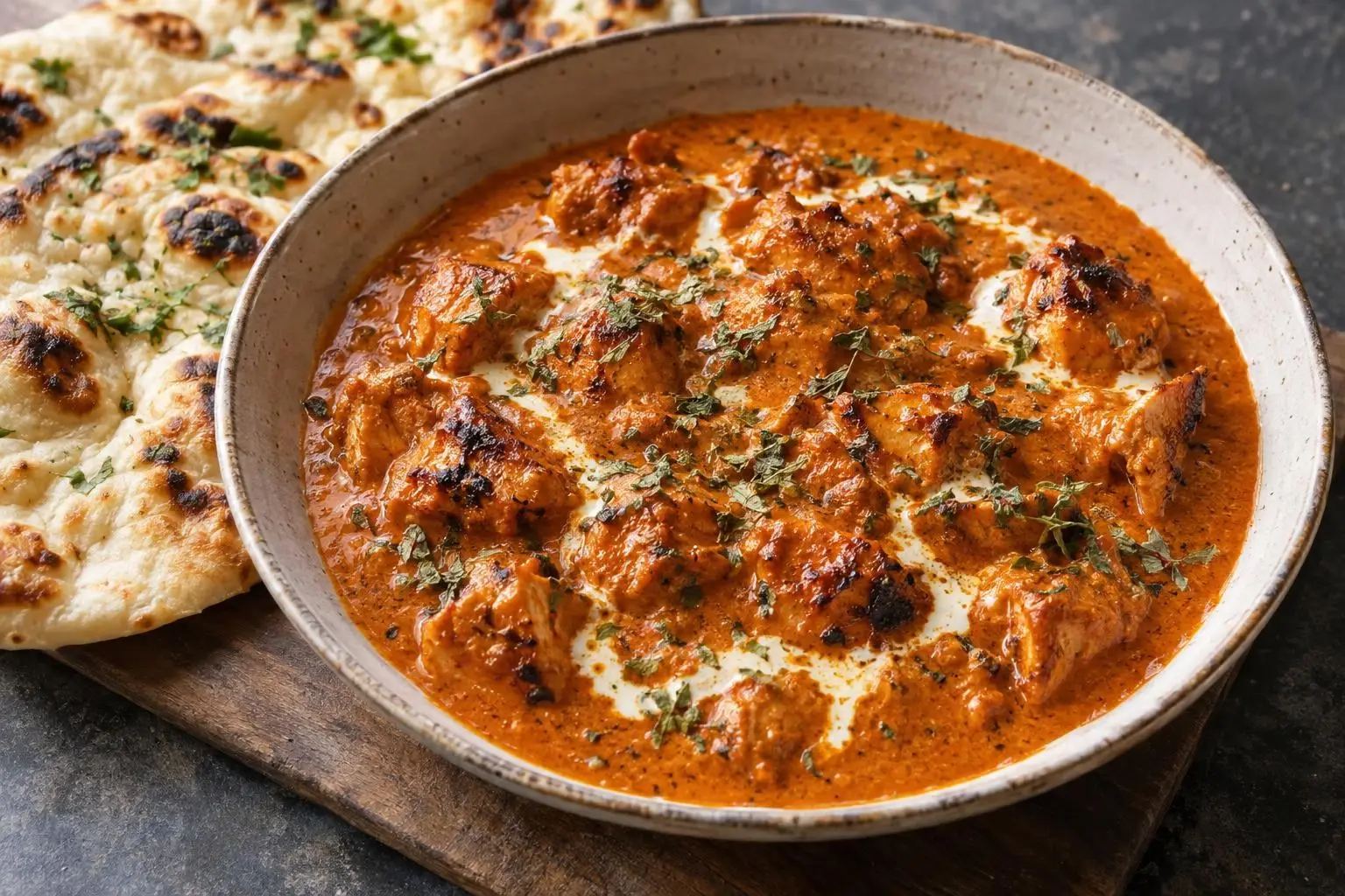Butter chicken with creamy tomato sauce plated and ready to serve