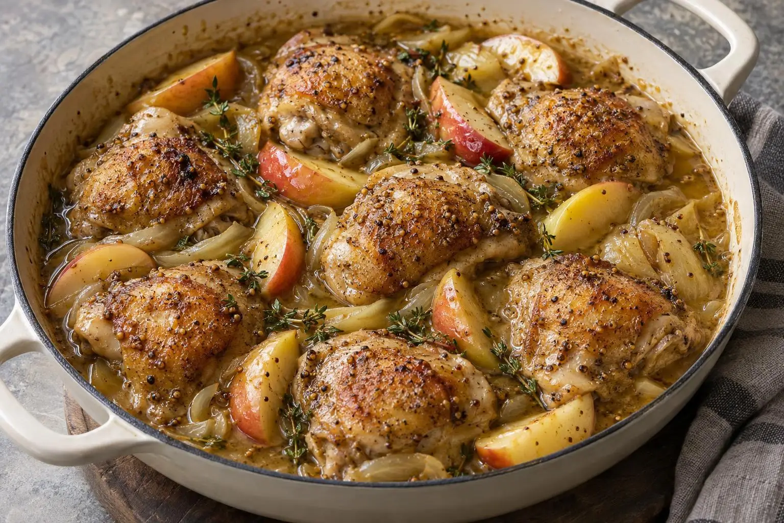 Mustard chicken with cider and apples plated and ready to serve