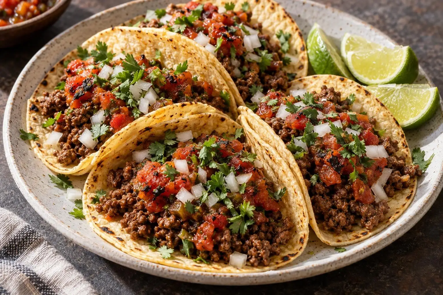 Beef tacos with charred tomato salsa plated and ready to serve