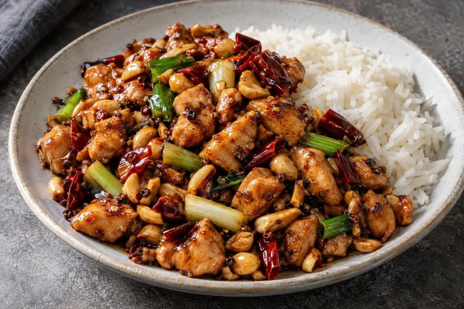 Kung pao chicken with crunchy peanuts plated and ready to serve