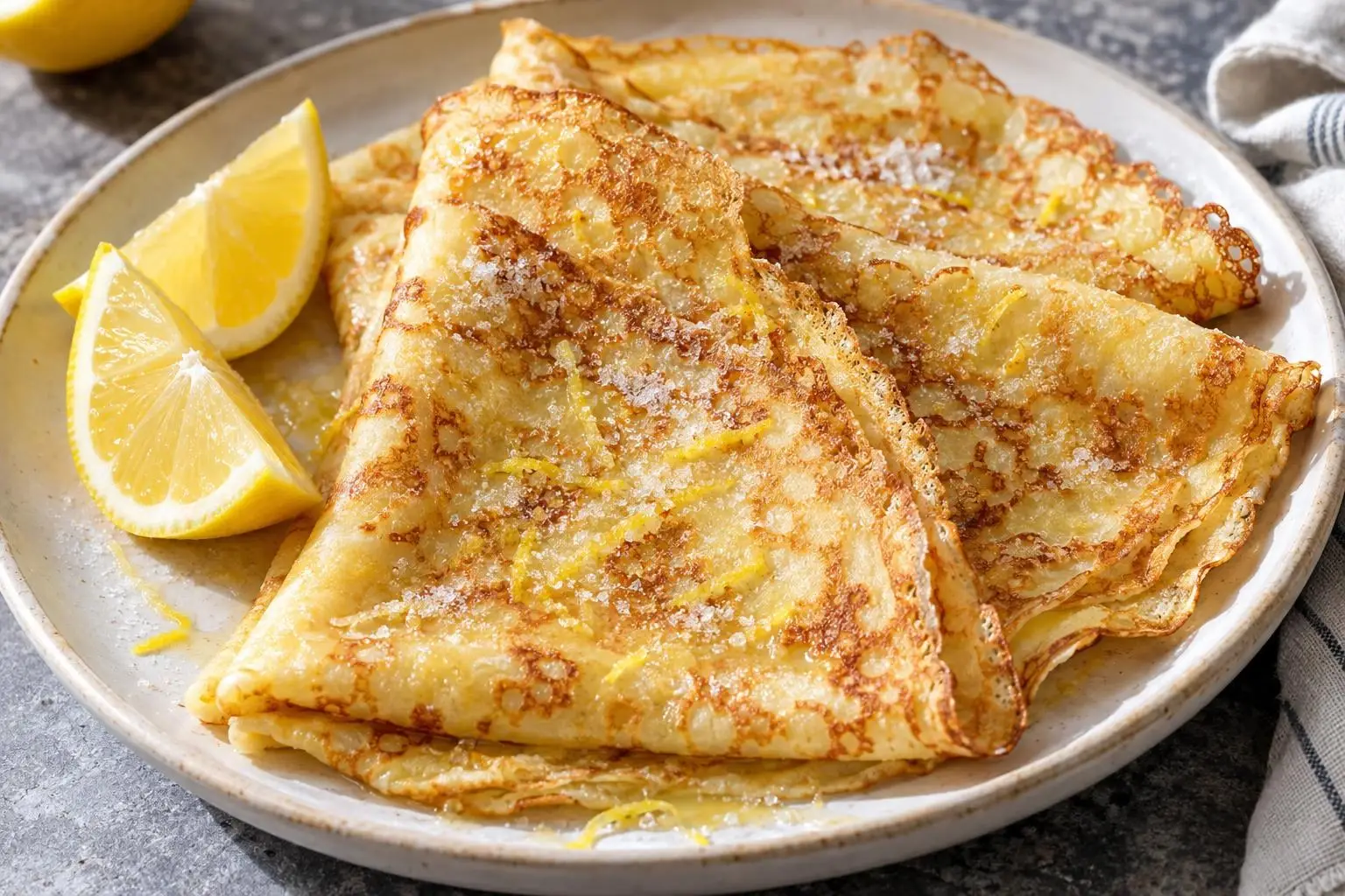 Crêpes with Lemon and Sugar plated and ready to serve