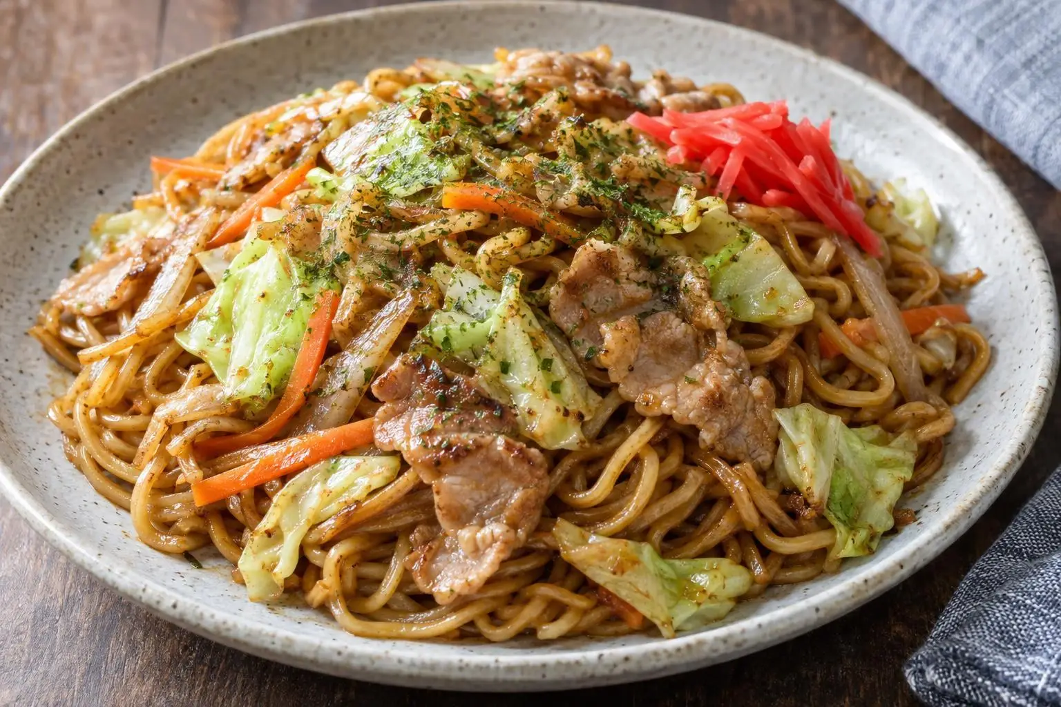 Yakisoba with Pork and Cabbage plated and ready to serve