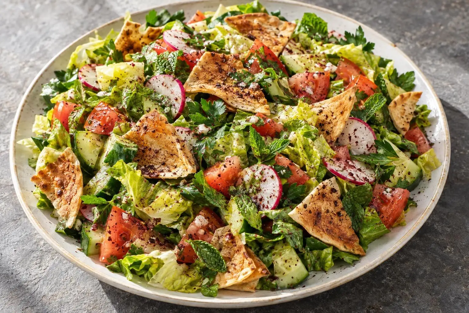 Fattoush with Toasted Pitta and Sumac plated and ready to serve