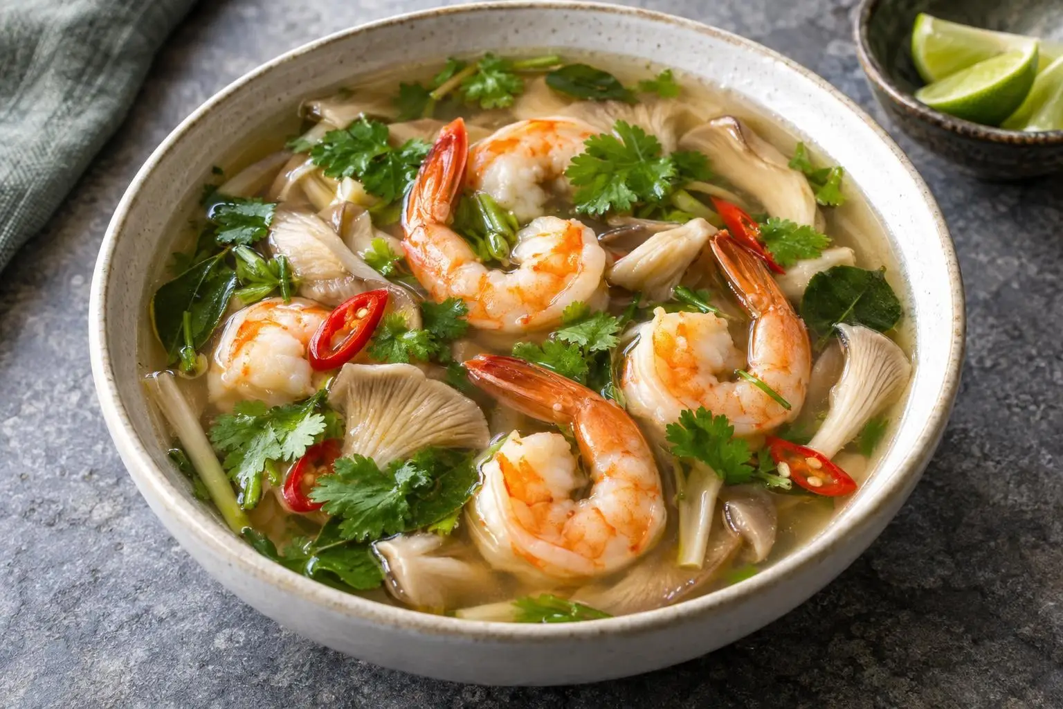 Tom yum soup with prawns and mushrooms plated and ready to serve