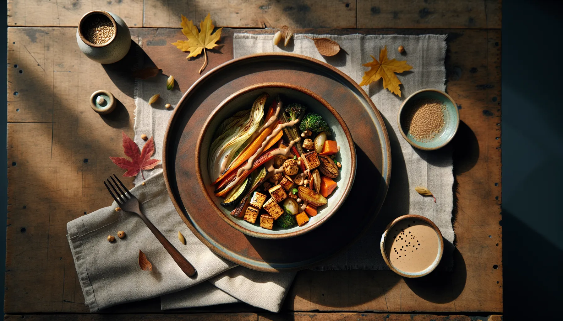 Roasted Autumn Root Vegetable and Tempeh Bowl with Maple-Tahini Dressing plated