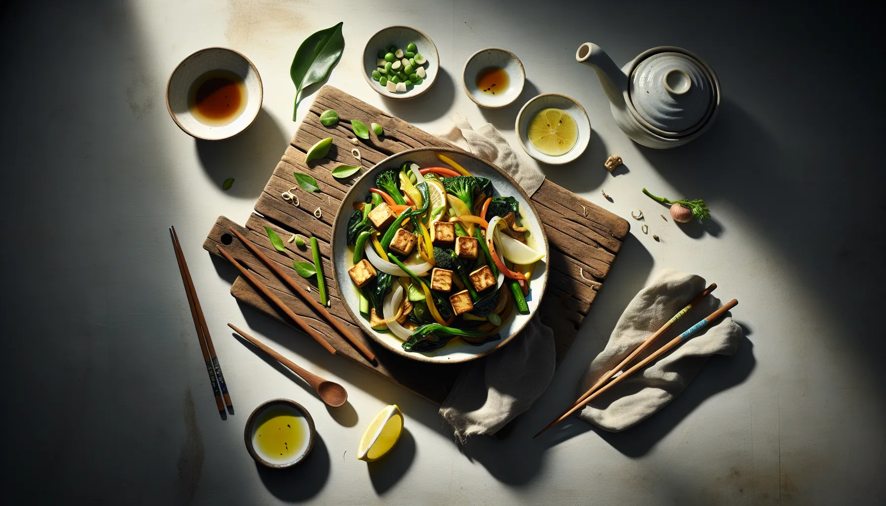 Spring Vegetable and Tofu Stir-Fry with Lemon-Ginger Sauce plated