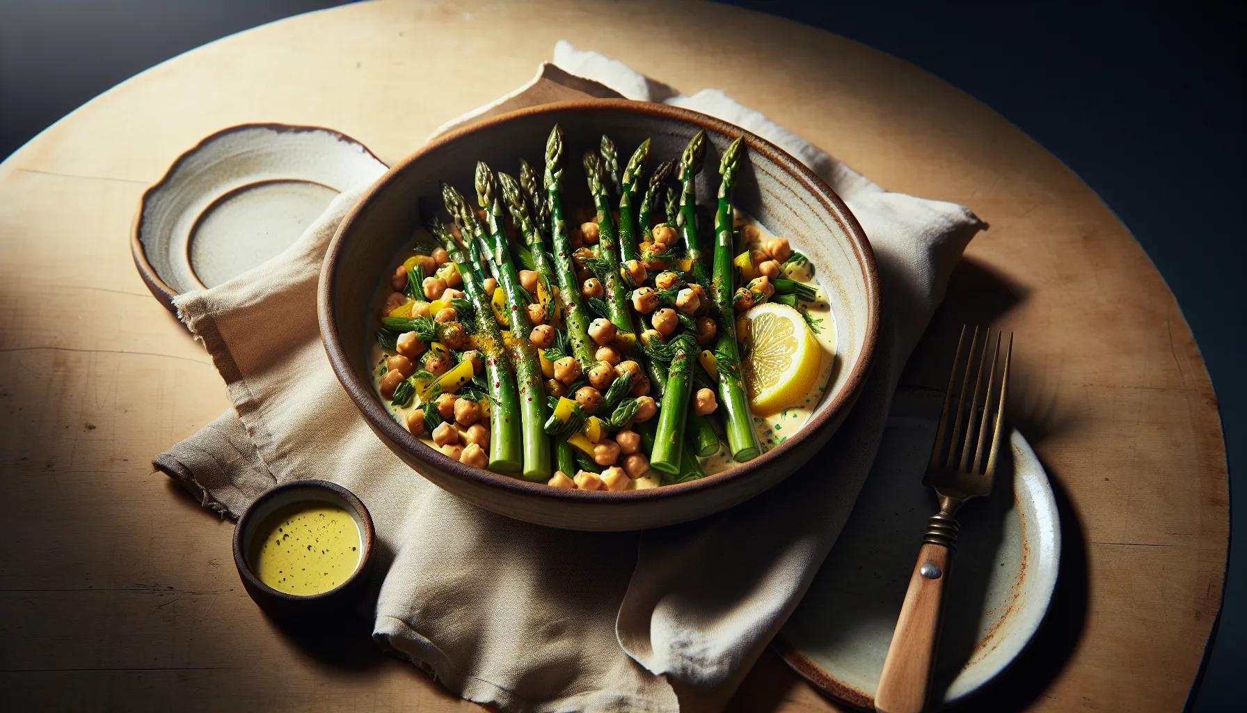 Spring Asparagus and Chickpea Stir-Fry with Lemon-Tahini Sauce plated