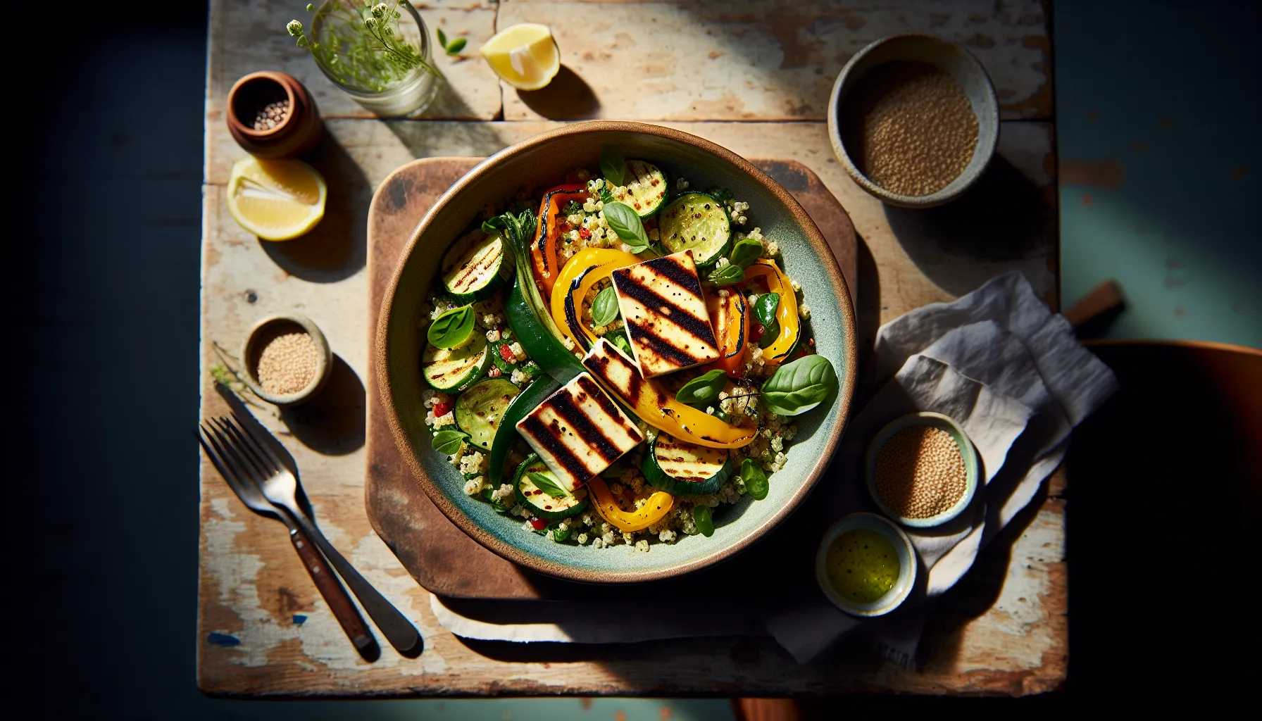 Spring Vegetable & Lemon Herb Quinoa Salad with Grilled Halloumi plated