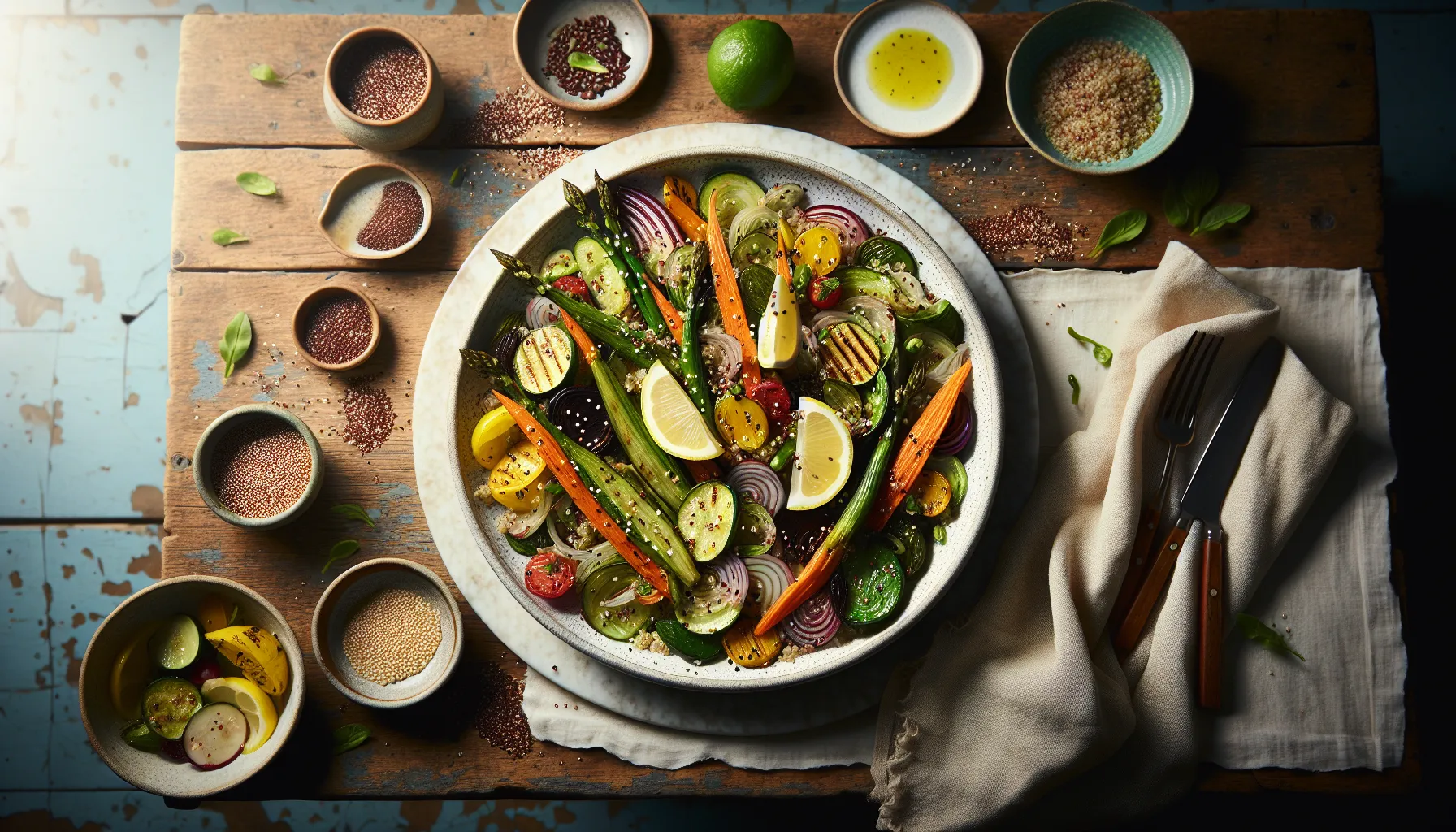 Roasted Spring Vegetable and Quinoa Salad with Lemon-Tahini Dressing plated